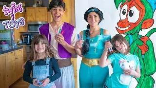 Aladdin and Princess Jasmine's Three Marker Challenge with Twins Kate and Lilly!