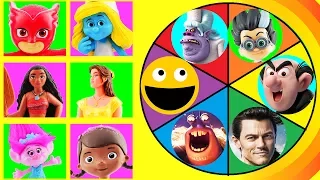 Spin The Wheel Game w/ Smurfette, Poppy, Belle, Moana, Owlette, Elena of Avalor VS Evil Villains!