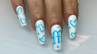 Blue Handrawn Airbrush Hearts | Gel-X Nails