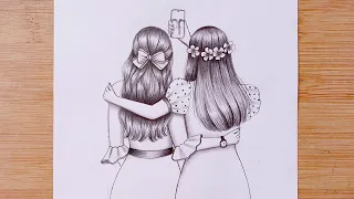 Easy Drawing - Two friends are taking a selfie || Best friends || BFF || besties -Pencil sketch