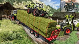 Baling and storing 14 hay bales - Farm work | Farming Simulator 22 Steering wheel gameplay