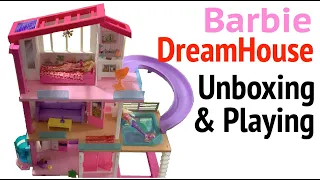 Barbie DreamHouse: Unboxing and Playing - Slide, Pool, Elevator - Kids Toys