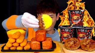 ASMR 핵매운 고스트페퍼라면🥵 게튀김 통스팸 떡갈비 치즈불닭소스 찍먹방~!! Ghost Pepper Noodles With Fried Crab Spam MuKBang~!!🔥