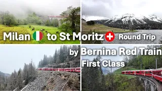 [HD][CC] Scenic Bernina Express route through the Alps on red train. Italy to Switzerland round trip