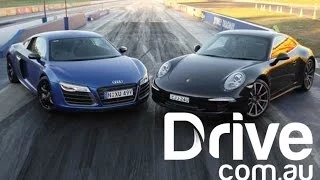 Audi R8 V10 Plus v Porsche Carrera 4S | Drag Race | Drive.com.au