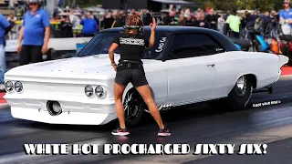 WHITE HOT PROCHARGED HEMI CLASSIC '66 CHEVELLE! TOP DOG RACING BYRON DRAGWAY!