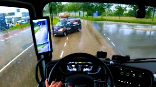 Driving in rainy weather on narrow roads in the Netherlands POV