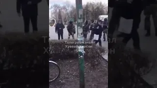 Russian OMON riot police spraying protesters in Skadovsk