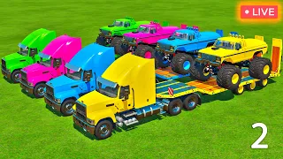 MONSTER TRUCKS OF COLORS ! TRUCKS AND TRACTORS TRANSPORTING  Farming Simulator 22 | LIVE #2