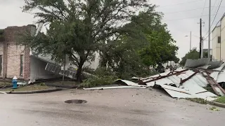 Roof of storage building blown off during strong, destructive storms in Houston