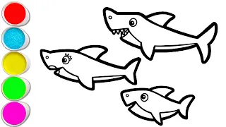 Drawing, Coloring Baby Shark family for Kids and Toddlers | Wonderful Kidz #114