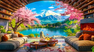 Relaxing Gentle Jazz Piano Music in a Cabin Ambience by a Spring Lake~Slowly Falling Cherry Blossoms