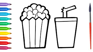 Popcorn and Drink, How to Draw and Color for Kids and Toddlers