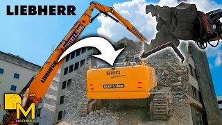 Giant of Demolition LIEBHERR R 960 high reach excavator destroying building / Construction channel