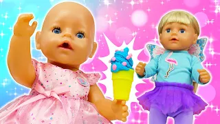 Ice cream cart for baby Annabell doll. Feeding baby doll with toy food. Family fun video for kids.