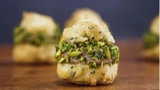 Gougeres with Mortadella Balsamic Mousse and Pistachios