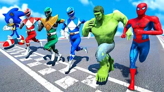 SPIDERMAN TEAM VS POWER RANGERS | Running Challenge (Funny Contest) | GTA V Mods