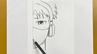 Easy to draw || How to draw anime boy half face wearing headphones