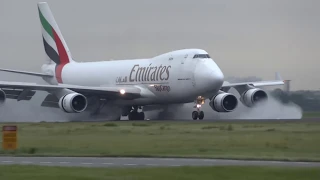 FULL thrust reverse on a wet runway B747 Freighter Emirates OO-THC @ AMS Schiphol