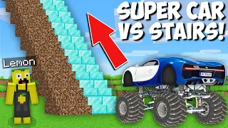Which BIGGEST WHEELS VEHICLE CLIMBS OVER THE HIGHEST STAIRS in Minecraft ? DIAMOND VS DIRT !