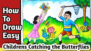 HOW TO DRAW  CHILDREN ARE CATCHING  BUTTERFLY'S VERY EASY DRAWING/EASY BUTTERFLY CATCHING DRAWING