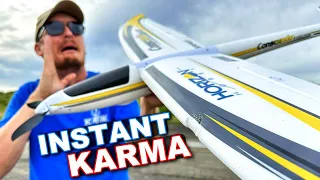 Pilot gets INSTANT KARMA with CRASH LANDING on FAST RC Plane!