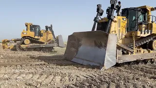 Two Caterpillar D9T Bulldozers Ripping And Pushing