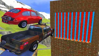 Crazy Vehicle High Speed Jumping through Red & Blue Laser Wall Crashes - BeamNG drive Pool Jumps