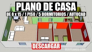 Plano de casa simple de 8x15 mtrs y 5 dormitorios 🤩 ¡Para Descargar!