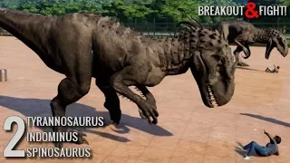 Jurassic World Evolution - 2 T-Rex 2 Indominus Rex & 2 Spinosaurus Breakout & Fight! (1080p 60FPS)