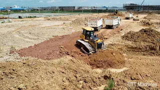 Wonderful Starting New Project Shatui Bulldozer Building New Village Road & Dump Trucks Dumping Soil