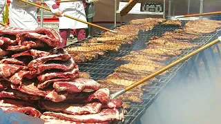 Italy Street Food. Colossal Grill of Pork Ribs, Tons of Roasted Chestnuts, Grilled Octopus, Pastries