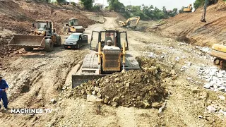 Update Step Three Canal Development By Dozer Leveling Stone, Long Arm Excavator Slope Trimming