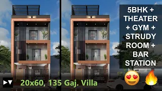 20x60 House Design Villa | 5BHK + THEATER + GYM | 3D Walkthrough | Home decorating ideas | Home Tour