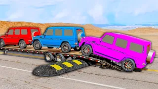 Flatbed Trailer Mercedes Cars Transportation with Truck - Pothole vs Car #019 - BeamNG.Drive