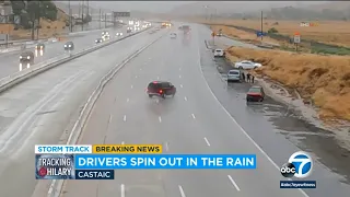 Drivers spin out of control on 5 Fwy in Castaic on rain-drenched roads