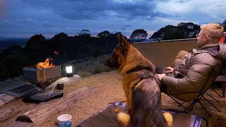 TRUCK CAMPING with my DOG on a MOUNTAIN RIDGE  [ASMR, German Shepherd, Open Fire Cooking, overcast]