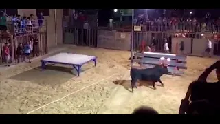 Terrifying moment a bull with horns on fire gores a young woman