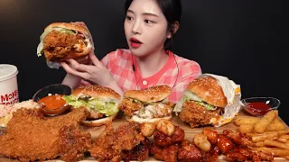 SUB)맘스터치 싸이플렉스버거 할라피뇨통살버거 닭강정 후라이드통다리 햄버거에 치킨 먹방!🍔🍗 치즈스틱까지 리얼사운드 Chicken & Burger Mukbang Asmr