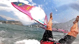 1st Windsurf Foil Session with some serious crashes and fails in the beginning | Andy Laufer