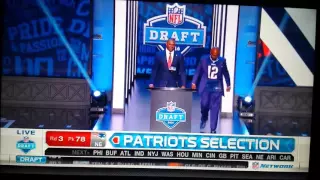 Kevin Faulk announces the 78th pick of 2016 NFL Draft wearing a Brady jersey