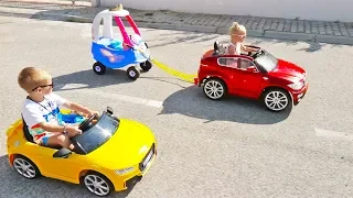Little Girl Elis Ride On BMW Power Wheel with brother Thomas Audi RS TT quatro and Little Tikes