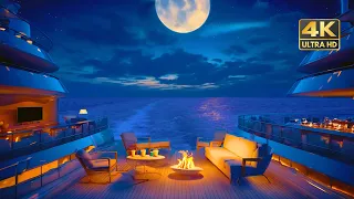 Starry Night Cozy Yacht Cruise | 4K Ultra HD Cozy Yacht Ambience with Crackling Fire
