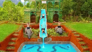 Buffalo And Bamboo House - Dig To Build Amazing Underground House And Swimming Pool With Water Slide