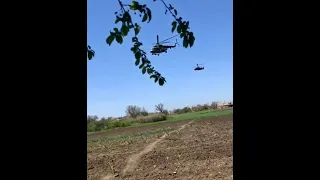Russian Mi-8 and Ka-52 "Alligator" assault helicopters fly over Zaporizhia region
