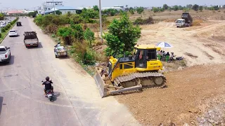 Starting Open new Project Processing Dump truck with Dozer SHANTUI DH17c2 Push soil to clearing land