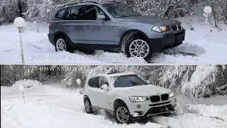 SNOW COMPARISON: 2017 BMW X3 xDrive20d F25 VS 2004 BMW X3 3.0d E83 | 20% INCLINE | DSC OFF | xDrive