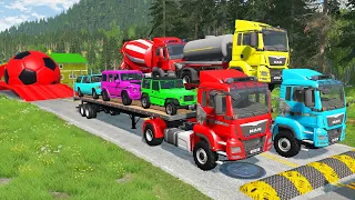 Double Flatbed Trailer Truck vs Speedbumps Train vs Cars Beamng.Drive #4