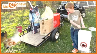 Caring for chickens with kids ride on truck, collect eggs, feed. Educational cooking eggs | Kid Crew