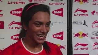 P.V Sindhu reacts to reaching the semi-finals of 2014 World Badminton Championship [AMBIENT]